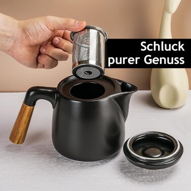 Набір для чаю Miamio: чайник 1 л з ситечком та 4 чашки (300 мл), підставка з бамбука. Кераміка, білий/чорний