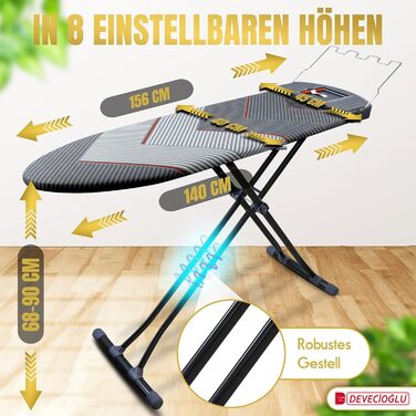 Прасувальна дошка DEVEÇİOĞLU 156x45 см з чохлом 140x40 см, для парогенераторів, складна, ідеальна як настільна прасувальна дошка