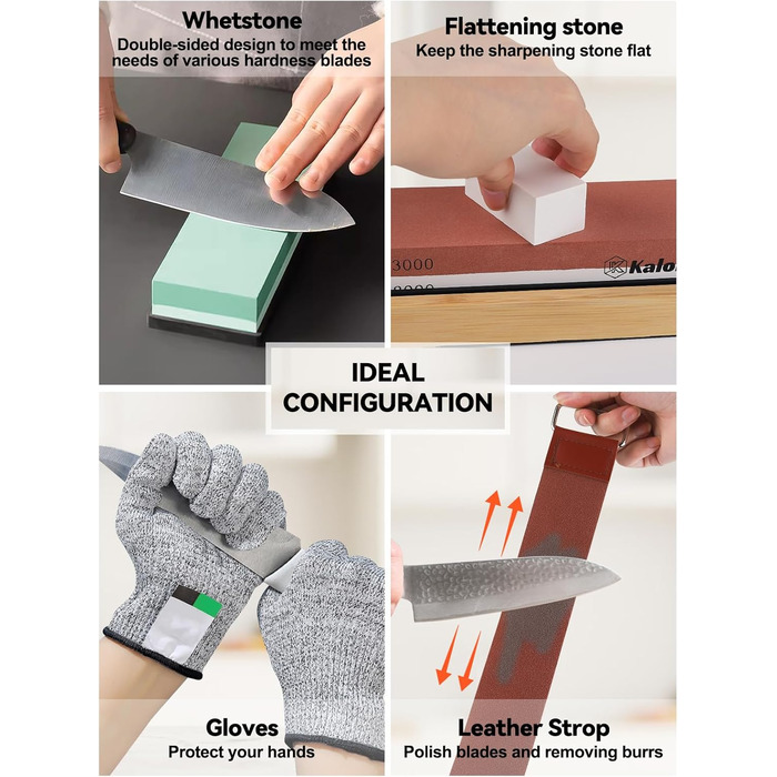 Набір алмазних точильних каменів Kalolary (11 шт.) з двосторонньою зернистістю 400/1000, 3000/8000 для заточування ножів, стамесок, рубанків з кутовою направляючою та неслизькою основою, з шкіряним ременем
