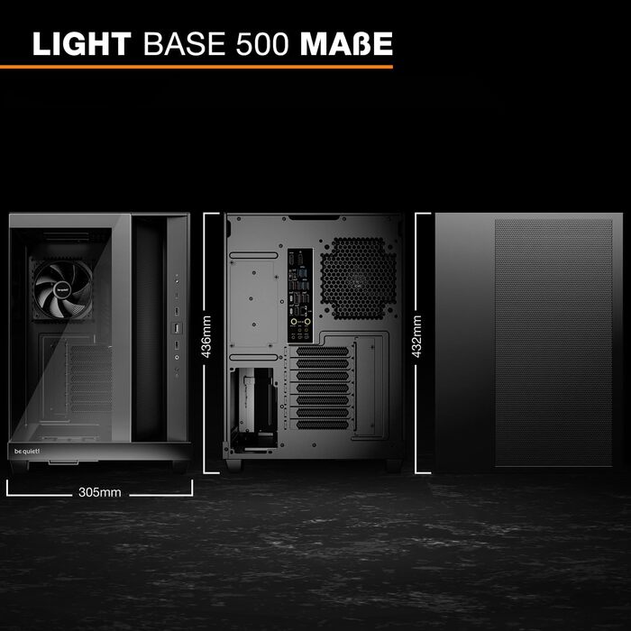 Корпус для ПК be quiet! Light Base 500 Black з повністю прозорими передньою та бічною панелями, Show Case, Dual Chamber Design, 4 вентилятори Pure Wings 3 PWM, без RGB, роз’єми на задній панелі
