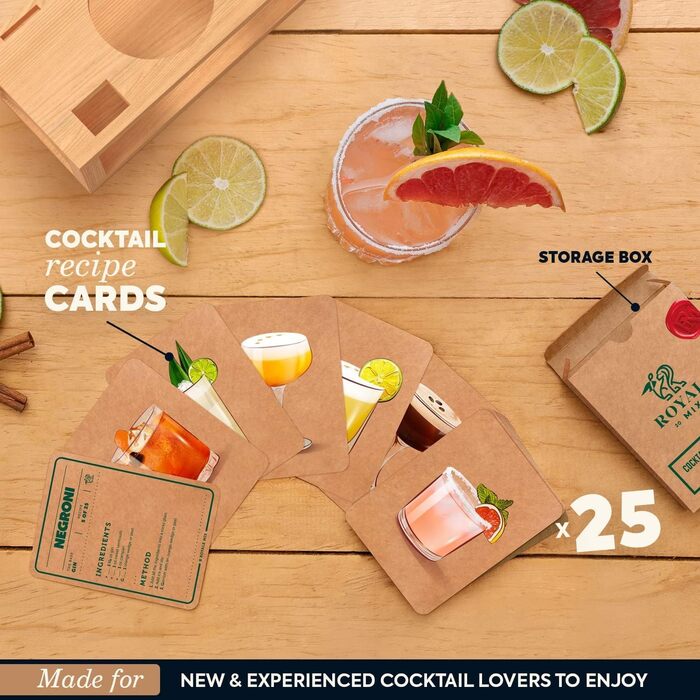Набір бармена Mixology з підставкою та 25 рецептами коктейлів, професійний шейкер для коктейлів та мартіні, подарунковий набір для домашнього бару (срібний з дерев'яною підставкою)