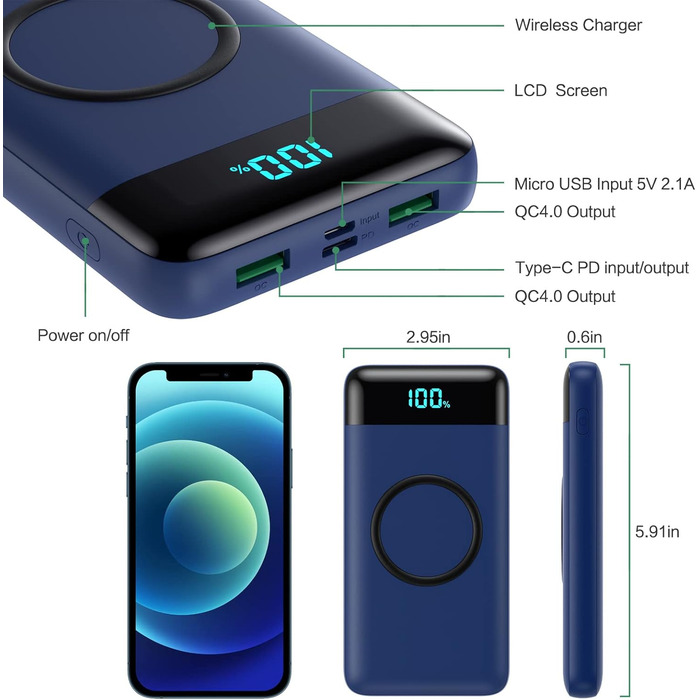 Бездротовий Power Bank 26800mAh 25W PD3.0 + QC4.0, зовнішній акумулятор з LCD-дисплеєм та швидкою зарядкою 15W, 4 USB-порти, для iPhone, Samsung, Huawei, Oppo — Синій