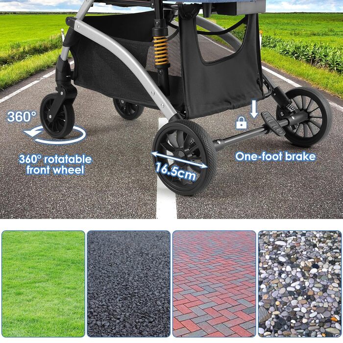 Візок для собак Mamizо 3-в-1: візок, переноска, сумка, до 20 кг, з відкидною конструкцією, 360° колеса, колір срібно-блакитний