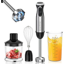 Блендер занурювальний Bonsenkitchen 4-в-1, 1000 Вт, електричний, нержавіюча сталь, з вінчиком, подрібнювачем 500 мл і мірним стаканом 700 мл для дитячого харчування, чорний HB3203