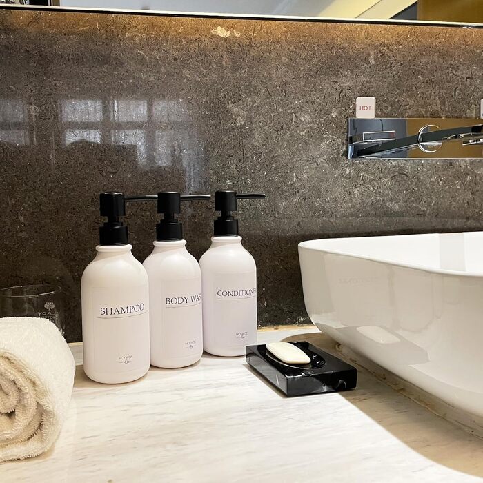 Набір диспенсерів для мила, шампуню та гелю для миття: 3 шт., 500 мл, без свердління, настінний монтаж, етикетки в комплекті, янтарний колір (чорна пляшка + біла помпа)