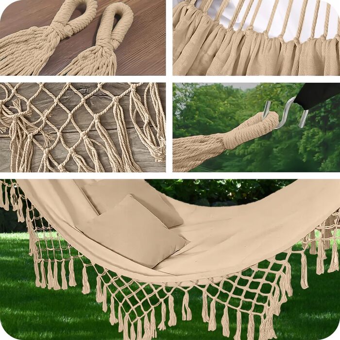 Гамак KRUMAD 260 см, до 250 кг, вологостійкий, бавовна-поліестер, для саду, балкону, кемпінгу, з дерев'яними розпірками та сумкою (Бежевий, 150x200 см)