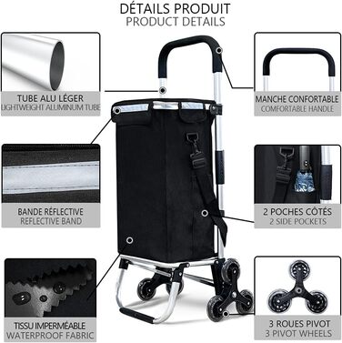 Тролей для покупок Vounot з алюмінію, для підйому сходами, складаний, з 6 колесами та відділенням для охолодження, водовідштовхувальний, 58L, чорний
