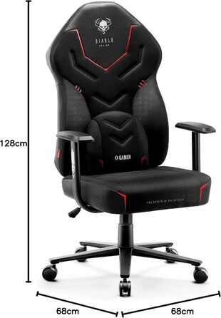 Ігрове крісло Diablo X-Gamer 2.0, ергономічне, тканинне, з поперековою подушкою та м'якою підкладкою, чорне, 128x68x55 см