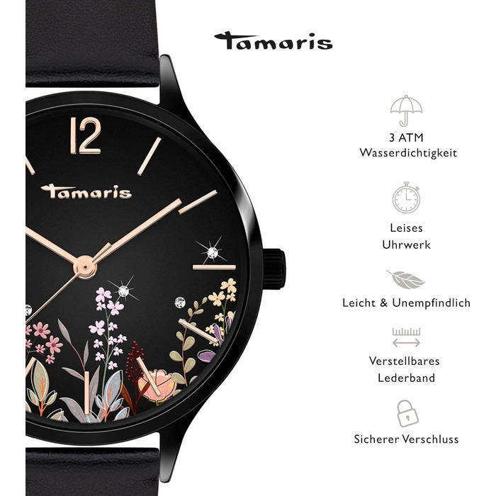 Жіночий кварцовий годинник Tamaris — круглий циферблат, чорний колір з квітковим принтом