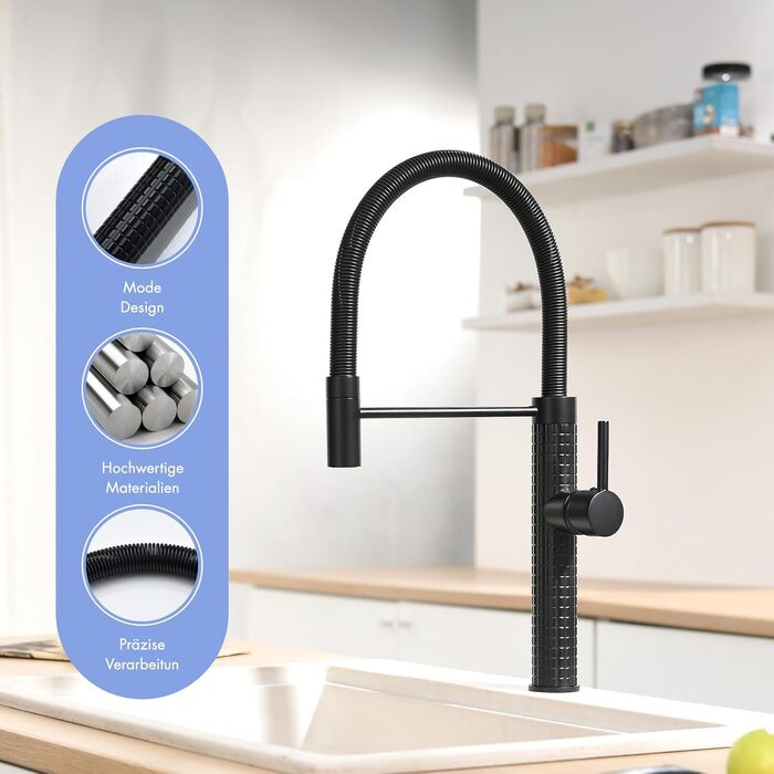 Сучасна кухонна змішувач AIMADI з висувною лійкою, поворотним гусаком на 360°, чорний/рожеве золото, для кухні та мийки