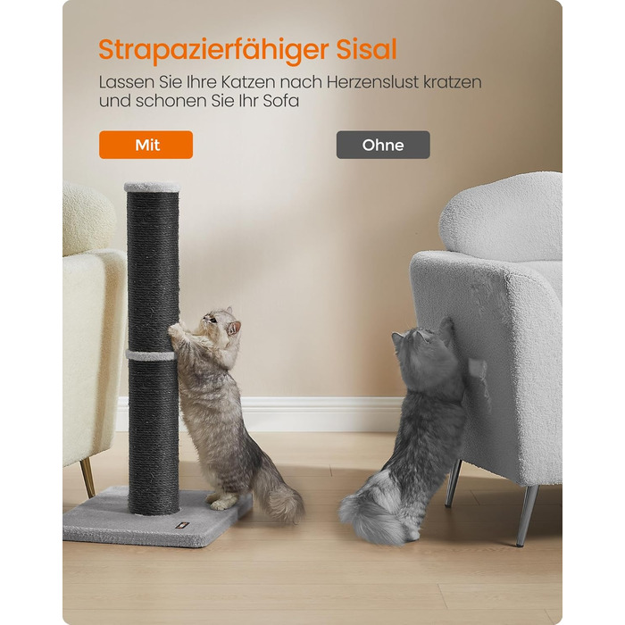 Feandrea Cat Tree, 85 cm (33.5 inches) tall, scratching post, 13 cm (5.1 inches) thick trunk, cat tree, scratching trunk for medium and large cats, sisal trunk, with plush ball and bell, PCA041G01 (ink black)