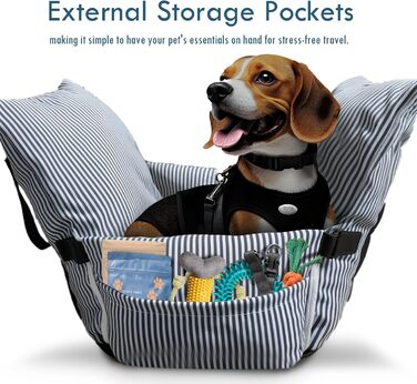 Автокрісло для собак маленьких та середніх порід (до 18 кг), з ременем безпеки та кишенями, антиковзаюча підставка, миється, морські смуги, 76x52 см