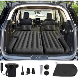 Automatic Air Mattress for SUV - 185x140x16 cm - Flocked Surface, 2 Pillows, Inflatable Car Bed for Travel, Camping, Home - Black