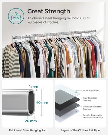 SONGMICS Heavy-Duty Clothes Rack, 2-Piece Set, Rolling Garment Rack, Holds up to 90 kg, with Extendable Wardrobe Rack, Folding Base, Shelf for Boxes, Silver HSR013S02