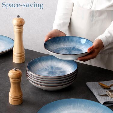 Тарілки для пасти NUTRIUPS 20.5 см, 6 шт. Керамічні тарілки для супу 500 мл, 8 дюймів, мікрохвильова та посудомийна машини, блакитні, набір