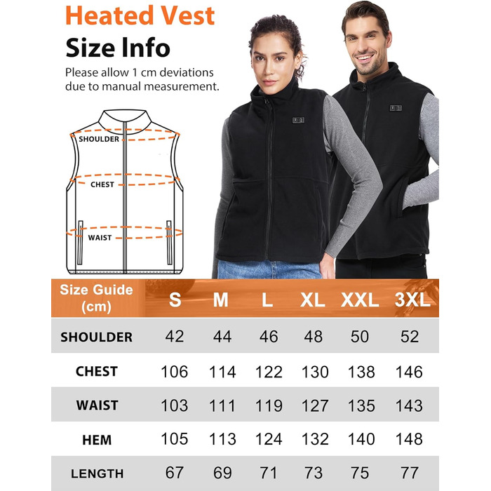 Loowoko Тепла жилетка для чоловіків та жінок з підігрівом, флісова, без акумуляторів, 3 температурні режими, 6 зон нагріву, пральна, для роботи на відкритому повітрі, мотоцикла, прогулянок, чорна, M
