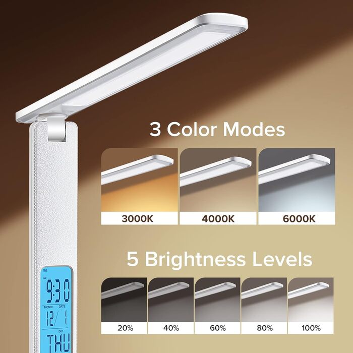 LED настільна лампа з бездротовою зарядкою та USB-портом, диммування, годинник, 3 режими освітлення, Tx26cwhite-eu