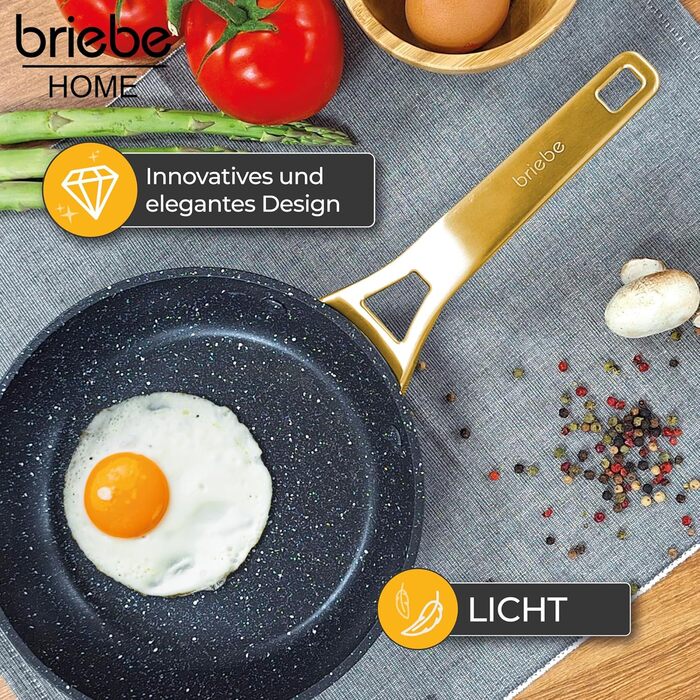 Набір сковорідок Briebe Gold Titanium Set (3 шт.) з титановою поверхнею, антипригарне покриття, для індукційних плит, діаметр 18-20-24 см, коване алюміній, без PFOA, професійні ручки з нержавіючої сталі, сумісний з газовими та склокерамічними плитами