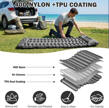 Надувний матрац Isomatte 12 см для кемпінгу з насосом та подушкою, сірий. Матрац для подорожей, пляжу, туризму, антирозривний, портативний