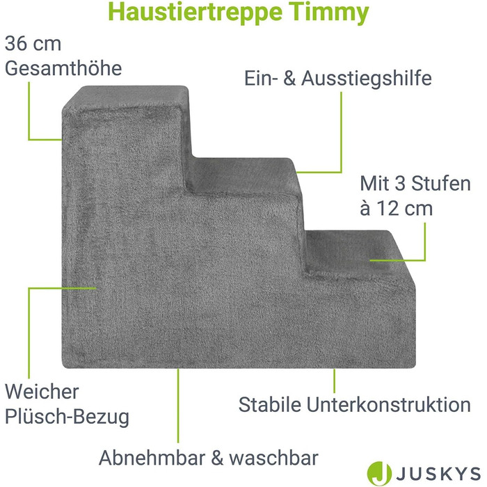 Juskys Pet Stairs Dog Stairs 36 cm - 3-Step Stairs, Washable Plush Cover - Cat Stairs Dog Ramp for Bed, Sofa, Couch and Car - Cover Grey