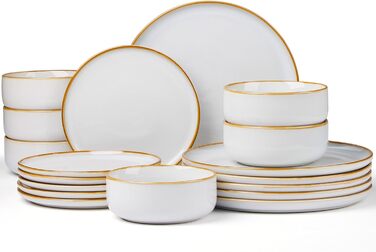 Набір посуду Joyfair на 6 осіб, 18 предметів: тарілки, миски, десертні тарілки, посуд з реактивної глазурі, для щоденного використання, сумісний з мікрохвильовою піччю та посудомийною машиною, пісочно-бежевий колір