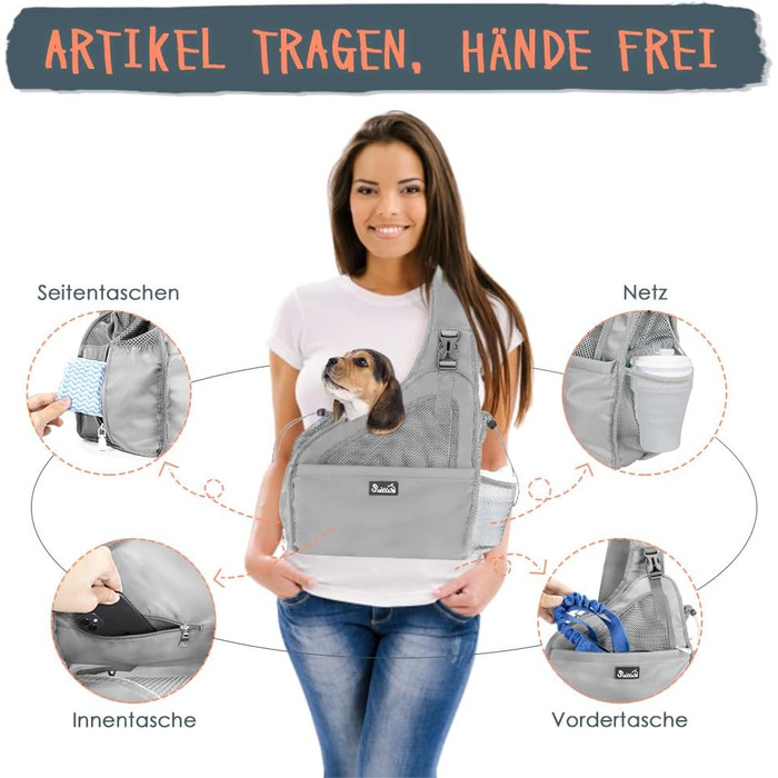 Dog-friendly sling carriers, hands-free travel bag for small pets with adjustable straps, hardboard base, safety belt, for dogs up to 2.8kg, wider version, gray