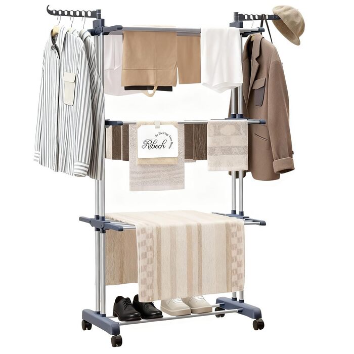 Сушарка для білизни Tower на коліщатках: 4-ярусна, з нержавіючої сталі, з 6 відкидними крилами та 2 боковими сторонами для обертання | 76x50x172 см | Компактна, складна, для балкону, ванної кімнати та саду | (Сірий)