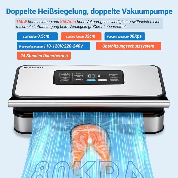 Вакуумний пакувальник INKBIRD для продуктів харчування з режимами сушіння, вологого та рідинного пакування, подвійна помпа, 20 л/хв, тихий, вбудований різак, ролики та пакети в комплекті (сірий)