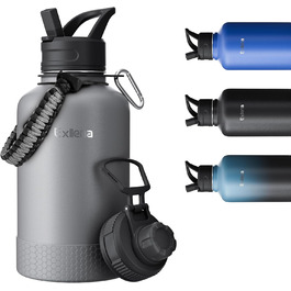 2L Stainless Steel Water Bottle with Straw, Double-Insulated Water Bottle 2 Liter with Two Lids and Protective Silicone Boot, Paracord Handle for Easy Carrying - (2000 ml, Grey)