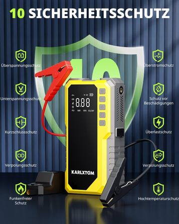 Powerbank для авто Karlxtom з компресором 190PSI, 88Wh, 4500A, LED-ліхтар, LCD-дисплей, для бензинових та дизельних двигунів (до 10L)