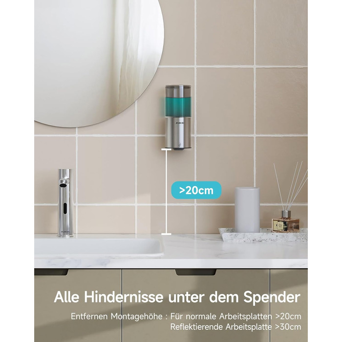 Автоматичний дозатор мила AIKE для рідкої мила, настінний, для кухні та ванної кімнати, IPX7, вологостійкий, 400 мл, з нержавіючою сталлю, шліфована