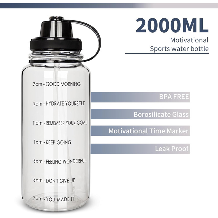 2 Liter Glass Water Bottle with Straw and Time Marker, Motivational Water Bottle with Neoprene Sleeve, Large 2L Glass Bottle for Fitness, Home, and Office, Leak-Proof, BPA-Free