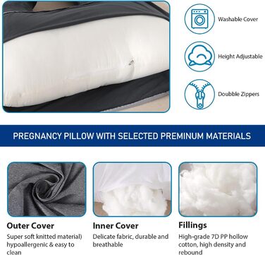 Подушка для вагітних Cauzyart U-подібна, повного тіла, для підтримки спини, стегон, ніг та живота. Знімна, пральна наволочка, чорна.