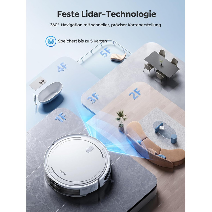 Робот-пилосос з функцією миття підлоги Vyzzle D10, LDS навігація, 5000Pa, керування через додаток/Alexa, для шерсті тварин, килимів, твердих підлог, білий