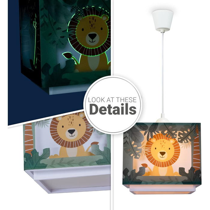 Paco Home Hanging Lamp Children's Room Ceiling Lamp Pendant Light Lampshade Fabric E27 Lion Jungle Glowing in the Dark