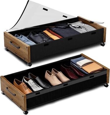 Комод під ліжко на колесах, 2 шт, дерев'яні контейнери для зберігання, великий розмір, органайзер під ліжко, ящики з прозорою кришкою, міцний для одягу, Коричневий горіх