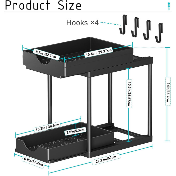 StowBin Kitchen Organizer, 2 Pack Under Sink Shelf with 4 Hooks, Dish Cabinet Organizer, Bathroom Organizer, Closet Organizer, Organization System for Kitchen