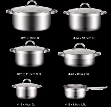 DMS 11-Piece Cookware Set made of high-quality stainless steel | Induction | Coated Cookware Set | Cookware | High-Quality Kitchen Set | Easy to Clean | Saucepan with Handle | Glass Lid TSE2011C
