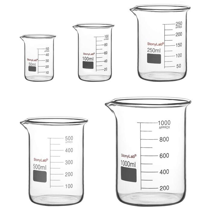 Laboratory Beaker Set, Borosilicate Glass Griffin Beakers with Graduations in Low Form in 5 Sizes, 50ml/100ml/250ml/500ml/1000ml (1L), Combo Pack