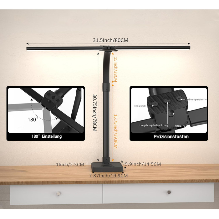 Світлодіодна лампа для столу Doppelkopf з регулюванням яскравості, 24W, 80см, для дому/офісу, денне світло, лампа для столу з шийкою-лебедем (чорна, з підставкою для телефону)