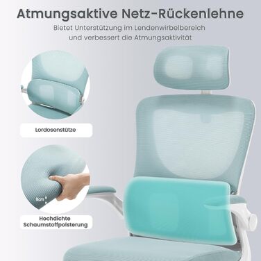 Крісло офісне WOLTU ергономічне, крісло для робочого столу з функцією гойдання, регульована підголовник, поворотні підлокітники, підтримка попереку, офісне крісло, витримує 150 кг (Блакитний)