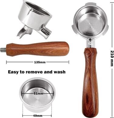 NEOUZA Bottomless Portafilter, 51mm, compatible with Swan Retro, Swan Nordic, Breville VCF149, Gevi, Oster Nova PrimaLatte espresso machines with stainless steel replacement filter basket, wooden handle (dual spout)