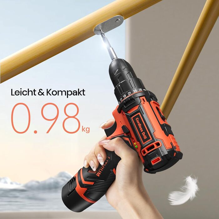 Акумуляторний шуруповерт 12V з набором 2000mAh, 24 шт. аксесуарів та кейсом, 25Nm, 2 швидкості, 25+1 момент, патрон 10мм, LED-підсвічування, Klein Orange