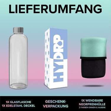HYDROP® TEST WINNER Glass Bottle 1 Liter with Protective Sleeve - Shatterproof - Drinking Bottle Glass in 1L or 750ml - Suitable for Carbonated Drinks & Leak-Proof - Glass Water Bottle with High-Quality Gift Packaging (Black / Turquoise, 1000 ml)