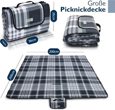 Beautissu Плед для пікніка XXL, 200x200 см, водовідштовхувальний, ізольований, сірий, для пляжу, кемпінгу, подорожей