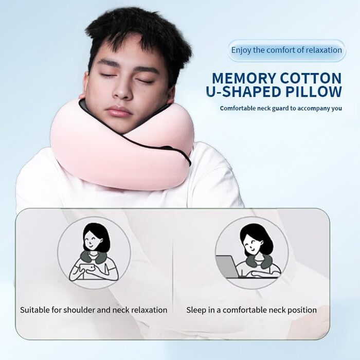 Подушка для подорожей з піни Memory Foam, набір: маска для сну, беруші, U-подібна подушка для шиї (Рожева)