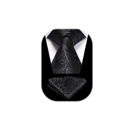Краватка для чоловіків HISDERN, комплект з кишеньковим хустиною, патерн Paisley, чорна