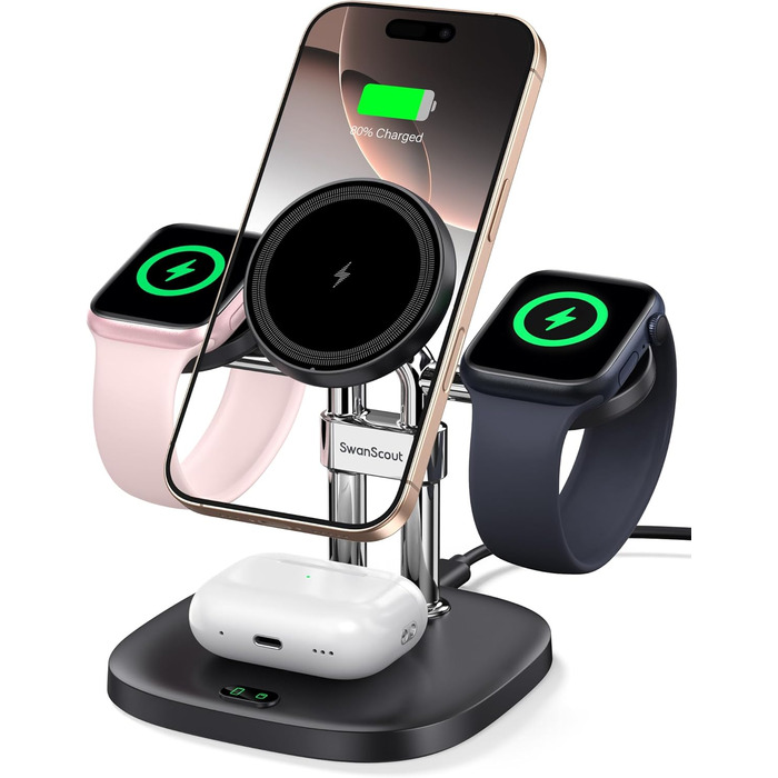 Зарядний пристрій SwanScout 709M Black: Двопортова зарядка для Apple Watch та iPhone (11/Ultra 3/SE 3, Air/17 Pro Max/17 Pro/17/16/15/14)