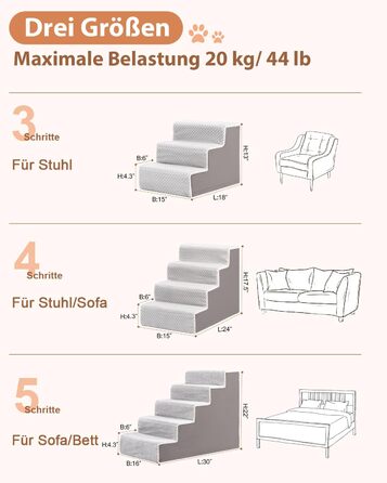 KSIIA Dog Stairs for Small Dogs 44cm High, Pet Stairs with Removable Washable Cover, Cat Stairs for Elderly Cats and Dogs, Non-Slip Dog Ramp Dog Stairs for Bed Sofa, Grey