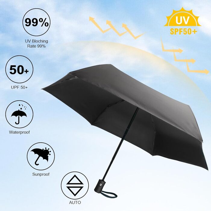 Компактний дорожній парасолька Herreicher - автоматичний, ультралегкий, захист від УФ, для чоловіків та жінок, чорний